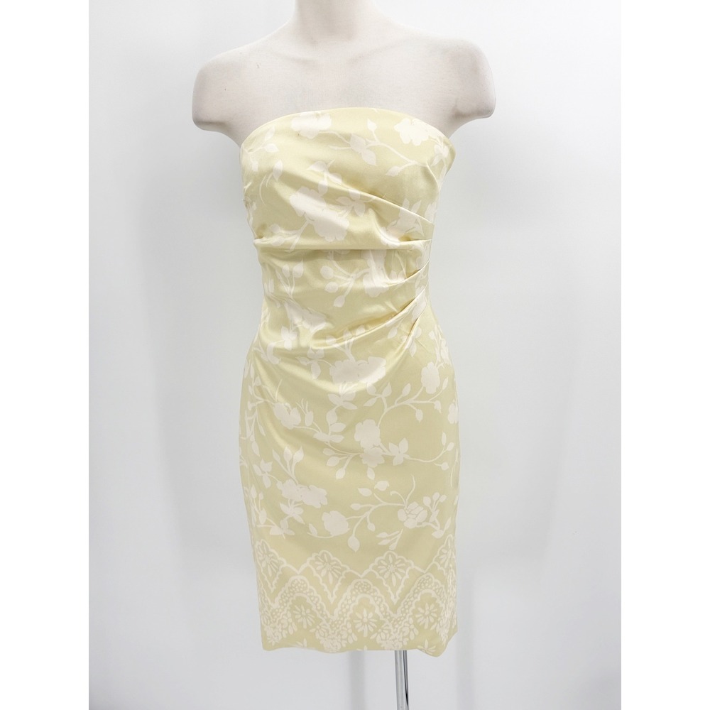 Kay Unger New York Silk Strapless Floral Jacquard Cocktail Dress Yellow Size 2
